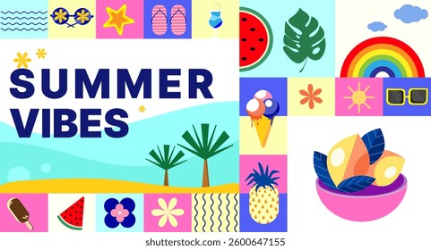 Colorful geometric Summer banner background collage with Tropical Elements.Summer Vibes vector illustration for social media, banners, posters, invitations, promotions