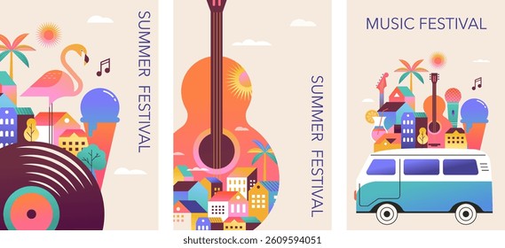 Colorful geometric summer festival templates for poster or banner. Summer time fun concept design with vinyl record, guitar and minivan on city life background. Vector poster illustration