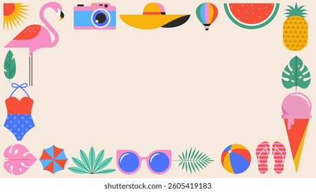 Colorful Geometric Summer Frame, Background, poster, banner. Summer time fun concept design promotion design. Vector illustration