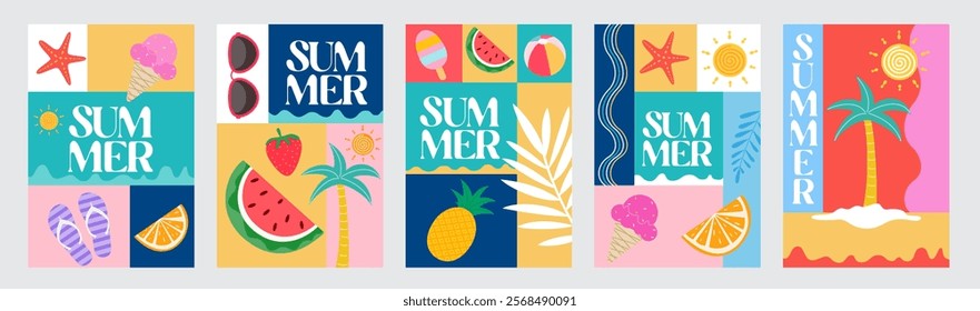 Colorful Geometric Summer Greeting and Travel Background, story templates, cards, posters, banners. Summer time fun concept design promotion design and vector design