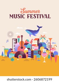 Colorful geometric summer music festival background, poster, banner. Summer time fun concept design promotion design. Vector poster illustration