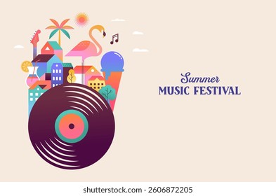 Colorful geometric summer music festival template, poster, banner. Summer time fun concept design with vinyl record and city life background. Vector poster illustration