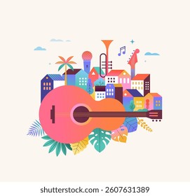 Colorful geometric summer music festival template, poster, banner. Summer time fun concept design with guitar and city life background. Vector poster illustration