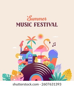 Colorful geometric summer music festival template, poster, banner. Summer time fun concept design with vinyl record and city life background. Vector poster illustration