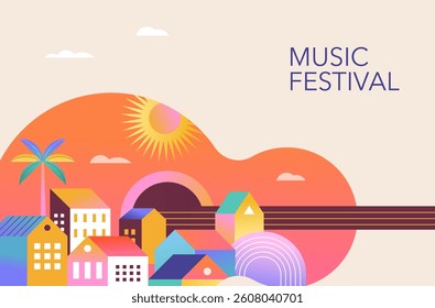 Colorful geometric summer music festival template, poster, banner. Summer time fun concept design with guitar and city life background. Vector poster illustration