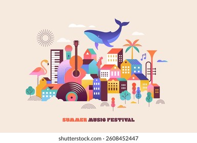 Colorful geometric summer music festival background, poster, banner. Summer time fun concept design promotion design. Vector poster illustration