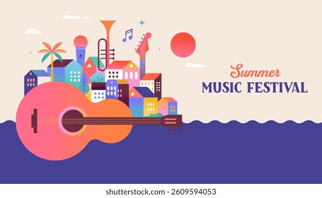 Colorful geometric summer music festival template, poster, banner. Summer time fun concept design with guitar and city life background. Vector poster illustration