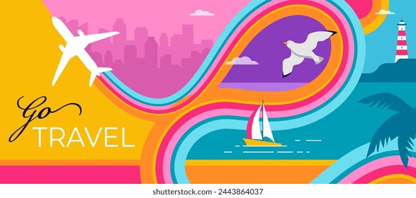 Colorful Geometric Summer and Travel Background, poster, banner. Summer time fun concept design promotion design. Vector illustration