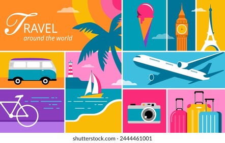 Colorful Geometric Summer and Travel Background, poster, banner. Summer time fun concept design promotion design. Vector illustration