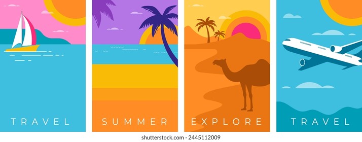 Colorful Geometric Summer and Travel Background, poster, banner. Summer time fun concept design promotion design. Vector illustration