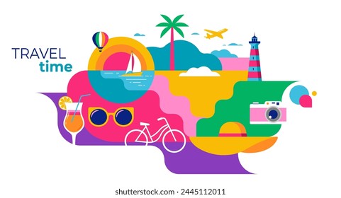 Colorido geométrico verano y fondo de viaje, cartel, Anuncio. Diseño de promoción de concepto de diversión de verano. Ilustración vectorial