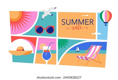 Colorful Geometric Summer and Travel Background, poster, banner. Summer time fun concept design promotion design. Vector illustration