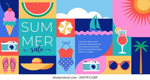 Colorful Geometric Summer and Travel Background, poster, banner. Summer time fun concept design promotion design. Vector illustration