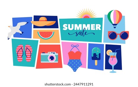 Colorful Geometric Summer and Travel Background, poster, banner. Summer time fun concept design promotion design. Vector illustration