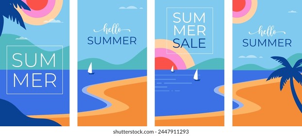 Colorful Geometric Summer and Travel Background, story templates, cards, posters, banners. Summer time fun concept design promotion design and vector illustration