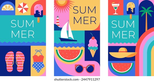 Colorful Geometric Summer and Travel Background, story templates, cards, posters, banners. Summer time fun concept design promotion design and vector illustration