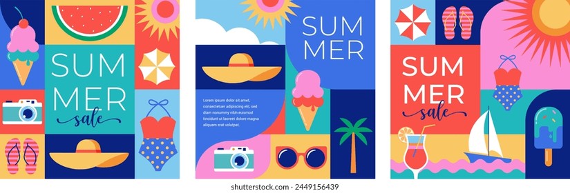 Colorful Geometric Summer and Travel Background, story templates, cards, posters, banners. Summer time fun concept design promotion design and vector illustration