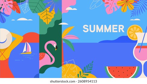Colorful Geometric Summer and Travel Background, poster, banner. Summer time fun concept design promotion design. Vector poster illustration
