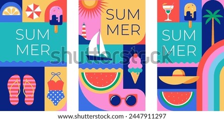 Colorful Geometric Summer and Travel Background, story templates, cards, posters, banners. Summer time fun concept design promotion design and vector illustration