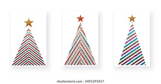 Colorful geometric textured Christmas trees with glittering effect. Merry Christmas and Happy New Year Set of greeting cards, posters, symbols. Vector illustration