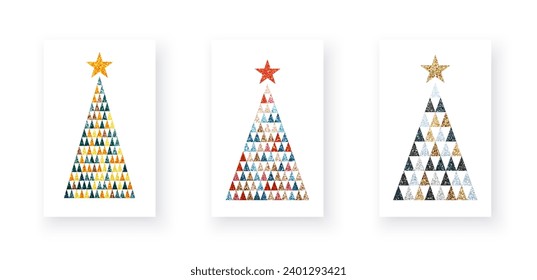 Colorful geometric textured Christmas trees with glittering effect. Merry Christmas and Happy New Year Set of greeting cards, posters, symbols. Vector illustration