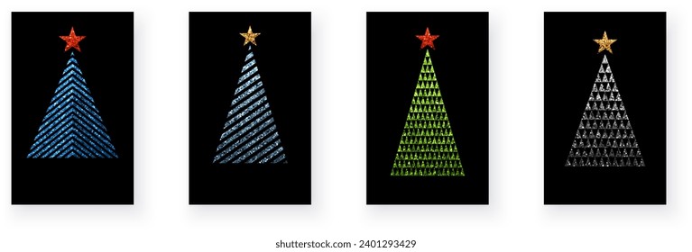 Colorful geometric textured Christmas trees with glittering effect. Merry Christmas and Happy New Year Set of greeting cards, posters, symbols. Vector illustration