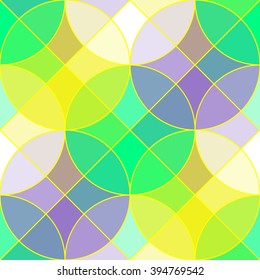 Colorful geometric tile vector seamless pattern. Abstract geometric seamless ornament consists of circles and squares, in spring color palette, vector EPS8.