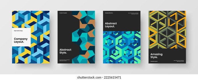 Colorful geometric tiles corporate cover layout composition. Clean front page A4 design vector template set.