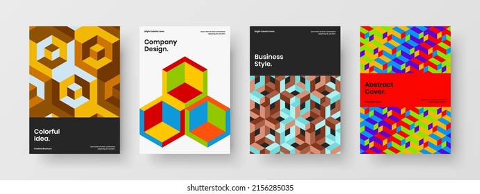 Colorful geometric tiles poster concept set. Fresh pamphlet A4 design vector layout composition.