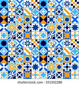 Colorful geometric tiles seamless pattern in blue orange and white, vector
