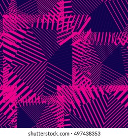 Colorful geometric tiles seamless pattern, magenta vector mosaic decorative background.