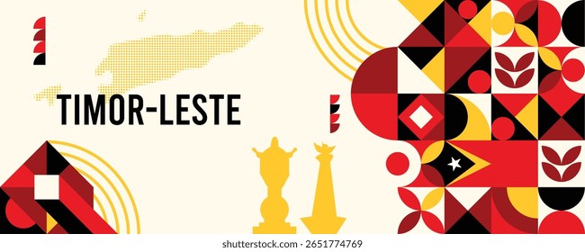 Banner geométrico colorido de Timor-Leste com símbolos culturais e elementos de bandeira