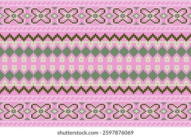 Colorful geometric traditional ethnic pixel art pattern background.Ikat seamless pattern abstract design for fabric print cloth dress carpet curtains and sarong.fabric,batik,Knitwear,Embroidery