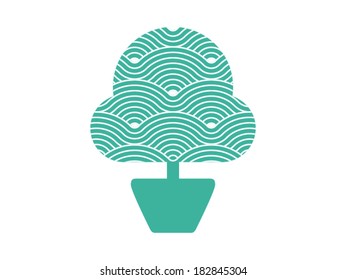 Colorful geometric  tree in pot shape symbol described by seamless repetitive vector curvy waves pattern texture background vector graphic illustration isolated on white background
