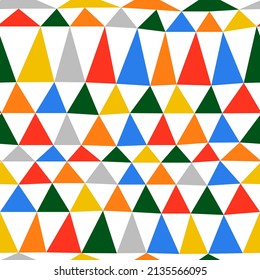 Colorful geometric triangle shape flat cartoon seamless pattern. Funny handmade patchwork quilt style background for children concept or party backdrop design.