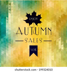 Colorful geometric triangular background card with maple leaf enjoy autumn sales 