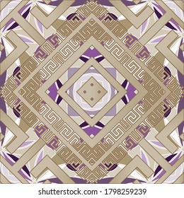 Colorful geometric tribal greek vector seamless pattern. Ethnic style ornamental abstract background. Decorative traditional ornaments with rhombus, frames, geometry shapes, greek key, meanders.