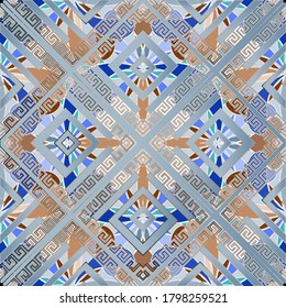 Colorful geometric tribal greek vector seamless pattern. Ethnic style ornamental abstract background. Decorative traditional ornaments with rhombus, frames, geometry shapes, greek key, meanders.