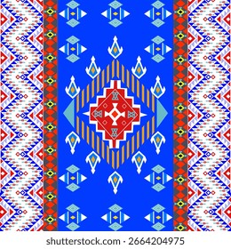 Colorful Geometric Tribal Pattern in Bold Red and Blue. Vibrant geometric tribal textile design with bold red, blue, and multicolor patterns, perfect for digital art, fabric prints.