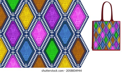  colorful geometric tribal pattern design for textile, ethnic diamond shape, vector and an example  on handbag