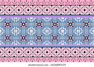 Patrón tribal geométrico colorido de la materia textil con motivos azules, rosados y púrpuras, diseño étnico tradicional de la tela, fondo repetitivo inconsútil para la decoración cultural y la impresión de la moda