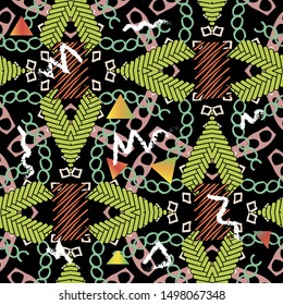 Colorful geometric tribal vector seamless pattern. Abstract ornamental ethnic decorative background. Zigzag braided shapes, triangles, circles. Grunge doodle hand drawn zig zag lines. Endless texture.