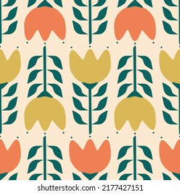 Colorful geometric tulip flowers in Scandinavian style hand drawn vector illustration. Vintage floral ornament seamless pattern for fabric or wallpaper.