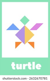 Colorful geometric turtle design featuring vibrant shapes for educational purposes.Tangram puzzle for children. Educational card for children.