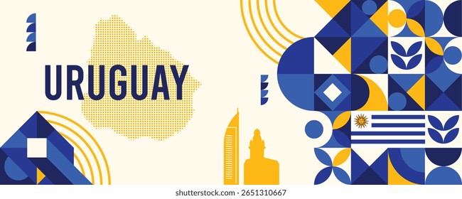 Colorful Geometric Uruguay Banner with Cultural Symbols and Flag Elements
