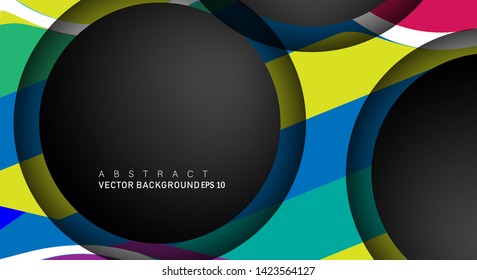 Colorful geometric vector backgrounds that overlap layers on black space circle for text and background designs
