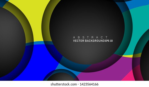 Colorful geometric vector backgrounds that overlap layers on black space circle for text and background designs
