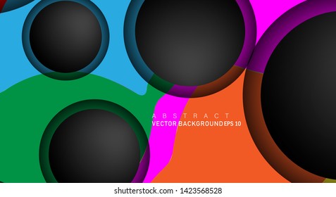 Colorful geometric vector backgrounds that overlap layers on black space circle for text and background designs
