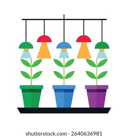 Colorful geometric vector illustration of indoor plants with lights in a modern home setting