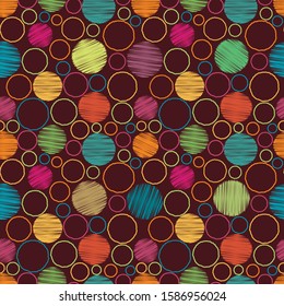 Colorful geometric vector seamless pattern with illustration of textured circles and brown background